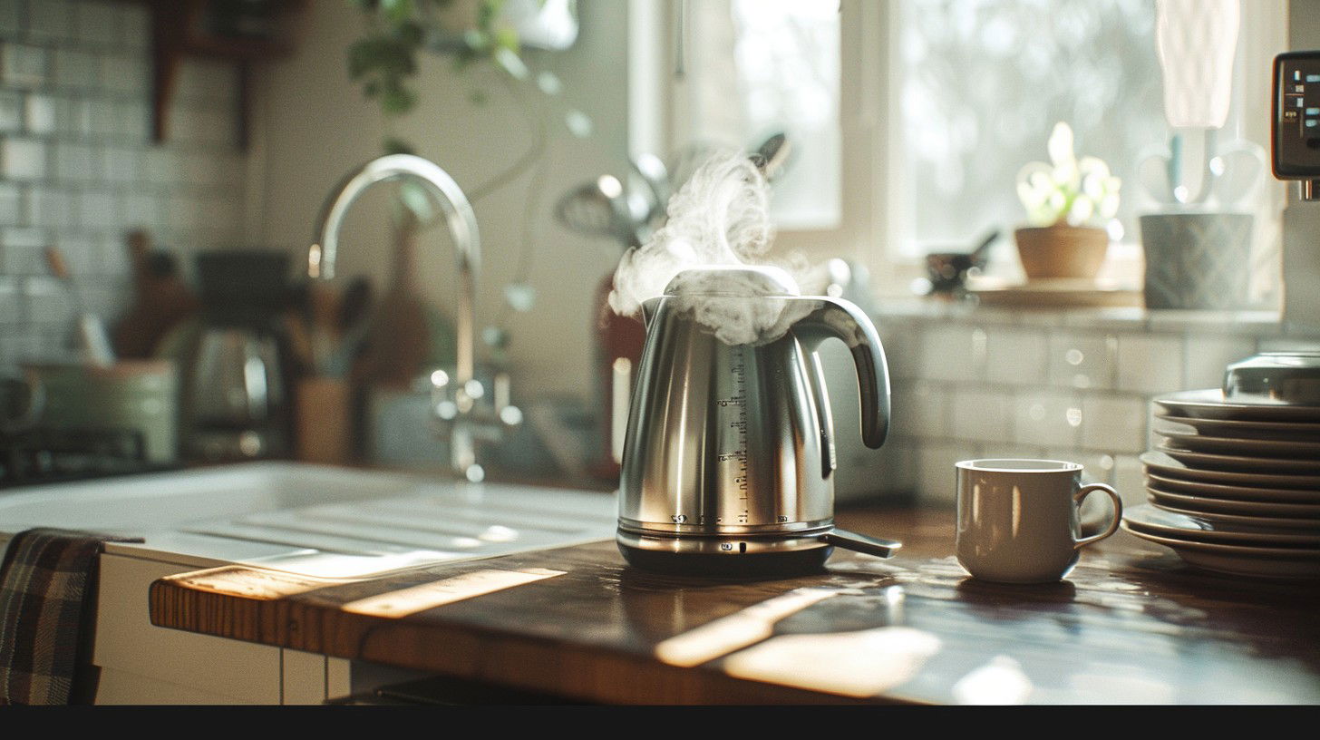 hyper-realistic boiling electric kettle on a kitchen counter in a typical London flat kitchen
