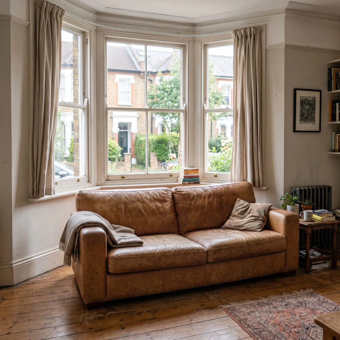 a slightly discoloured aniline leather sofa positioned beneath a large bay window in a lived-in Victorian conversion flat in South West London